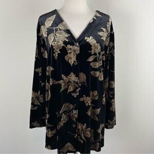 Carol Little Black Tan Floral Velvet Velvety Long Sleeve Button Top 1X